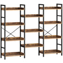 Rolanstar Bookshelf 4 Tiers with 4 Hooks, Triple Bookcase with Open Display Shelves, Industrial Wide Bookshelf with Metal Frame for Living Room, Office, Rustic Brown