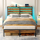 Rolanstar Bed Frame Queen Size with USB Charging Station, LED Bed Frame with Wood Storage Headboard, Rustic Brown Metal Platform Bed with Under Bed Storage, No Box Spring Needed, Noise Free
