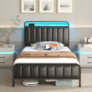 Rolanstar Bed Frame with Charging Station and LED Lights, Upholstered Velvet Bed with Headboard Footboard