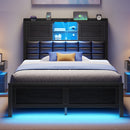 Rolanstar Bed Frame  with Charging Station, Bookcase Headboard Bed with LED Light and Sliding Doors, Platform Bed with Wooden Slats, No Box Spring Needed, Noise Free