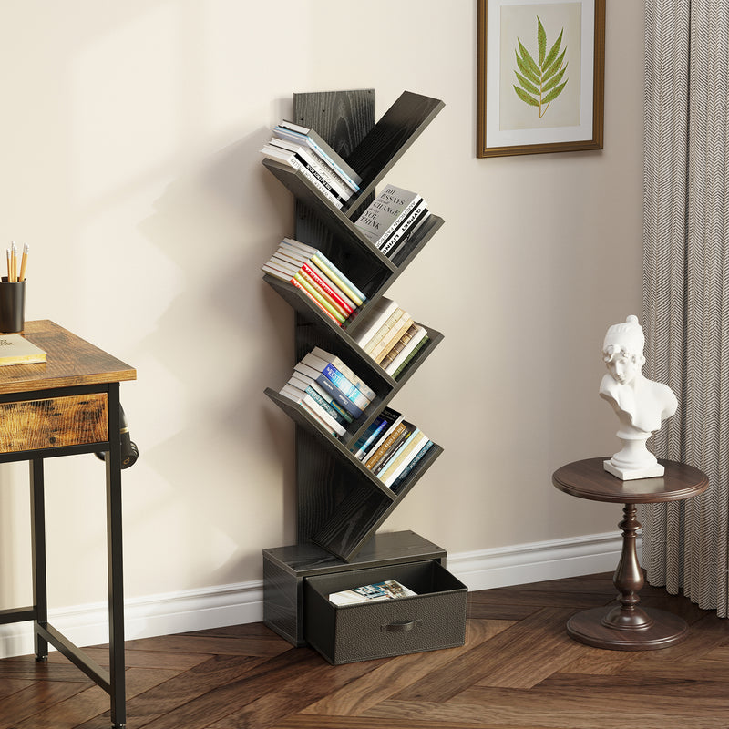 Rolanstar Bookshelf with Drawer, 7 Shelf Tree Bookshelf, Wooden Bookshelves Storage Rack for CDs/Movies/Books, Black Bookcase, Utility Organizer Shelves for Living Room, Bedroom