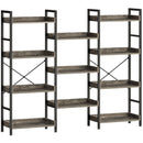 Rolanstar Bookshelf 4 Tiers with 4 Hooks, Triple Bookcase with Open Display Shelves, Industrial Wide Bookshelf with Metal Frame for Living Room, Office, Grey
