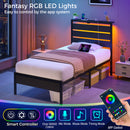 Rolanstar Bed Frame Twin Size with USB Charging Station, LED Bed Frame with Wood Storage Headboard, Black Metal Platform Bed with Under Bed Storage, No Box Spring Needed, Noise Free