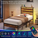 Rolanstar Bed Frame Twin Size with USB Charging Station, LED Bed Frame with Wood Storage Headboard, Rustic Brown Metal Platform Bed with Under Bed Storage, No Box Spring Needed, Noise Free