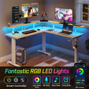 Rolanstar Standing Desk L Shaped with LED Light and Power Outlet, Electric Height Adjustable Computer Office Desk Sit Stand Up with Monitor Stand, Beige