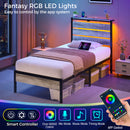 Rolanstar Bed Frame Twin Size with USB Charging Station, LED Bed Frame with Wood Storage Headboard, Light Grey Metal Platform Bed with Under Bed Storage, No Box Spring Needed, Noise Free