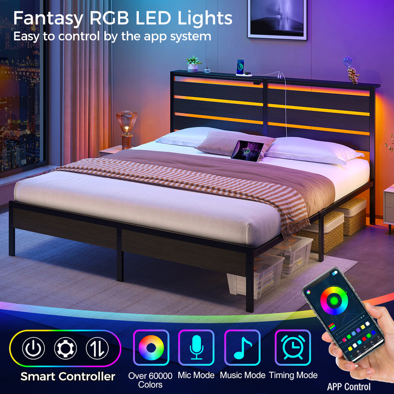 Rolanstar Bed Frame King Size with USB Charging Station, LED Bed Frame with Wood Storage Headboard, Black Metal Platform Bed with Under Bed Storage, No Box Spring Needed, Noise Free