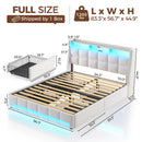 Rolanstar Full Size Bed Frame with LED Lights and Charging Station, Upholstered Bed Storage Headboard & Drawers, Heavy Duty Wood Slats, Easy Assembly, White