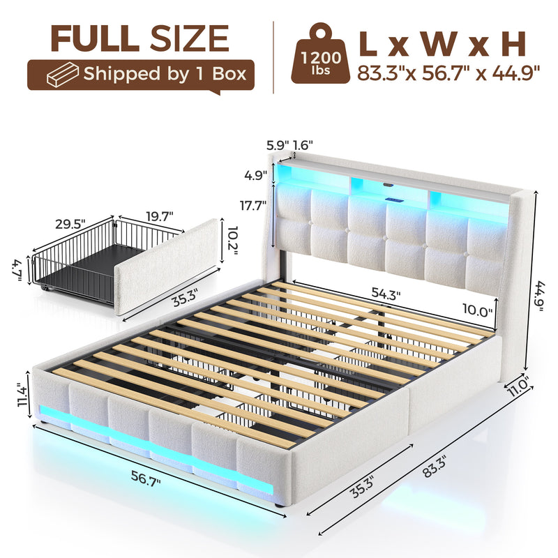 Rolanstar Full Size Bed Frame with LED Lights and Charging Station, Upholstered Bed Storage Headboard & Drawers, Heavy Duty Wood Slats, Easy Assembly, White