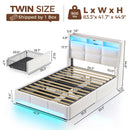 Rolanstar Twin Size Bed Frame with LED Lights and Charging Station, Upholstered Bed Storage Headboard & Drawers, Heavy Duty Wood Slats, Easy Assembly, White
