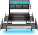 Rolanstar Bed Frame with Charging Station and LED Lights, Upholstered Storage Headboard with Drawers, Heavy Duty Metal Slats, No Box Spring Needed, Noise Free, Easy Assembly