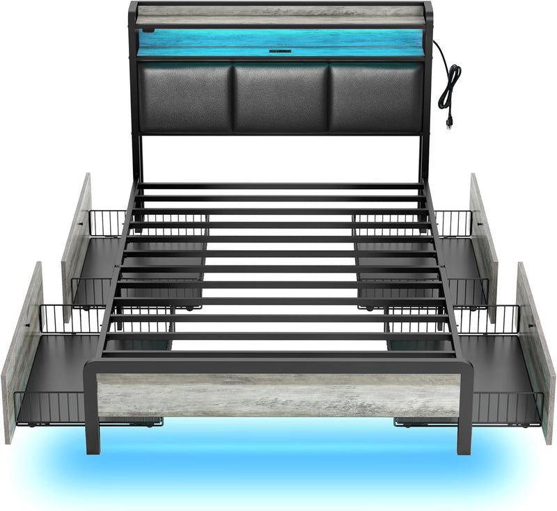 Rolanstar Bed Frame with Charging Station and LED Lights, Upholstered Storage Headboard with Drawers, Heavy Duty Metal Slats, No Box Spring Needed, Noise Free, Easy Assembly