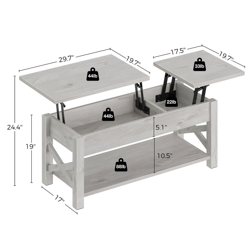 Rolanstar 47.2" Lift Top Coffee Table with Hidden Compartment, 2 Way Lift Top Coffee Table with Open Shelf & X Wooded Support, Farmhouse Center Table for Living Room, Grey