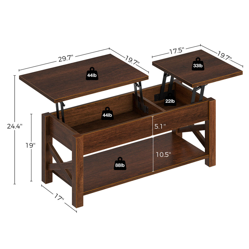 Rolanstar 47.2" Lift Top Coffee Table with Hidden Compartment, 2 Way Lift Top Coffee Table with Open Shelf & X Wooded Support, Table for Living Room, Espresso, 47.2" W x 19.7" D x 19-24.4" H