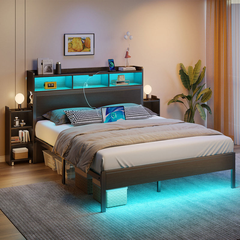 Rolanstar Bed Frame Full Size with Bookcase Storage Headboard, Slide Out Bedside Storage Table, Bed with Charging Station & LED Lights, Heavy Duty Metal Slats, No Box Spring Needed, Noise Free, Black