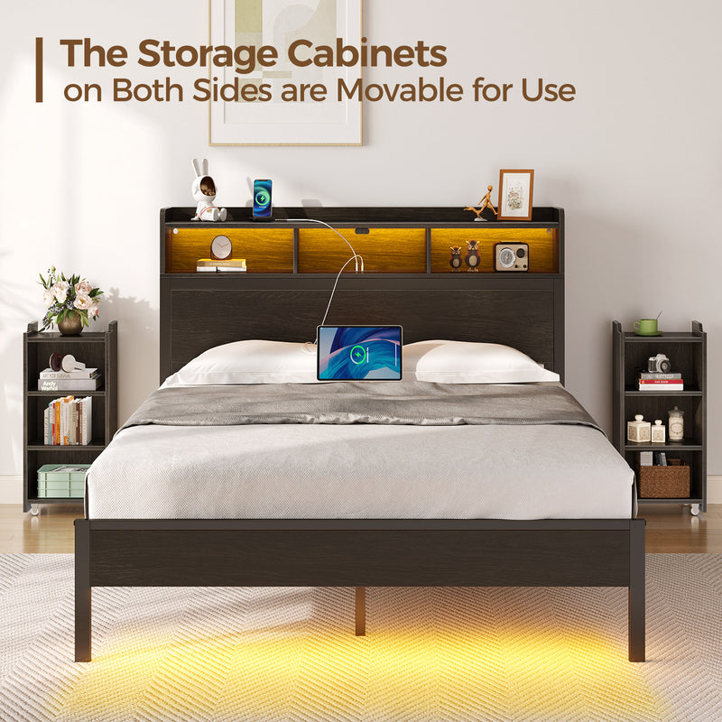 Rolanstar Bed Frame Full Size with Bookcase Storage Headboard, Slide Out Bedside Storage Table, Bed with Charging Station & LED Lights, Heavy Duty Metal Slats, No Box Spring Needed, Noise Free, Black