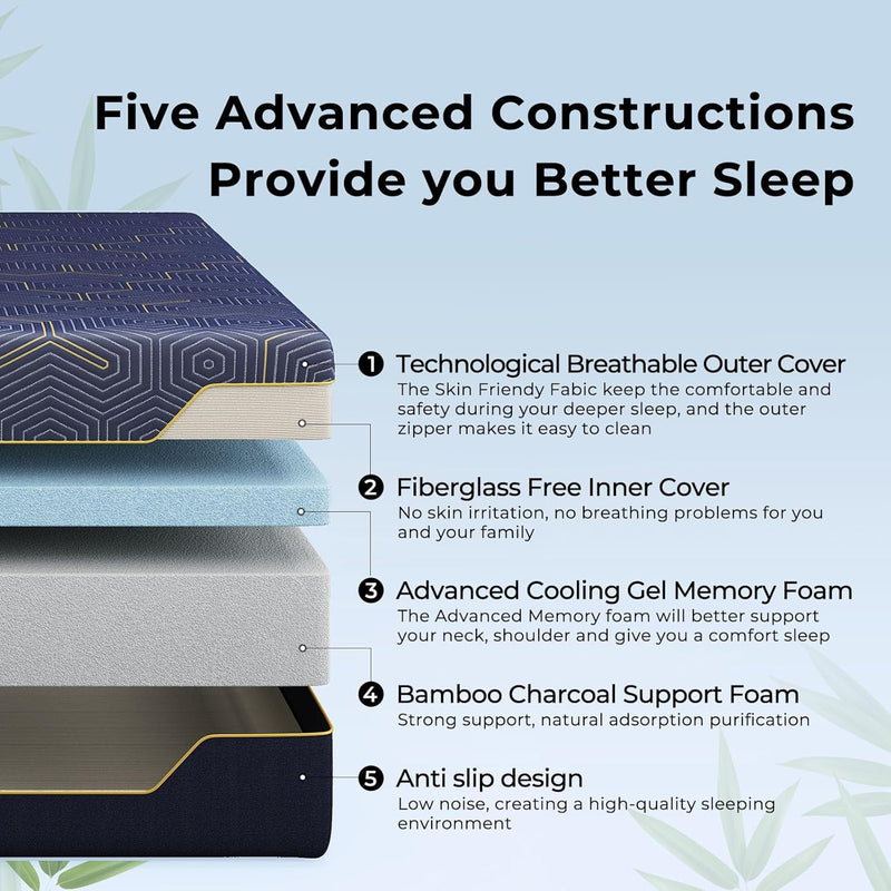 Rolanstar Queen Mattress 8 inch, Memory Foam Mattress for Pressure Relief, Cooling Gel Mattress in a Box, Bamboo-Charcoal Foam Mattress, Firm, Fiberglass Free, CertiPUR-US Certified