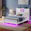 Rolanstar Bed Frame  with Charging Station, Bookcase Headboard Bed with LED Light and Sliding Doors, Platform Bed with Wooden Slats, No Box Spring Needed, Noise Free