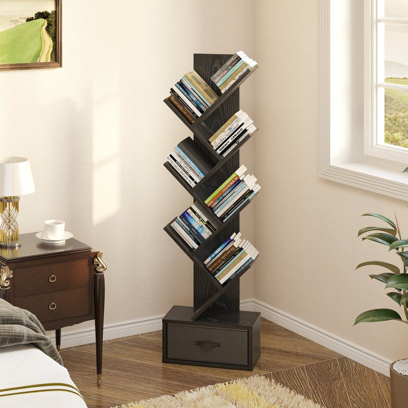 Rolanstar Bookshelf with Drawer, 7 Shelf Tree Bookshelf, Wooden Bookshelves Storage Rack for CDs/Movies/Books, Black Bookcase, Utility Organizer Shelves for Living Room, Bedroom