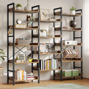 Rolanstar Bookshelf 5 Tiers with 4 Hooks, Triple Bookcase with Open Display Shelves, Industrial Wide Bookshelf with Metal Frame for Living Room, Office, Rustic Brown