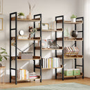 Rolanstar Bookshelf 4 Tiers with 4 Hooks, Triple Bookcase with Open Display Shelves, Industrial Wide Bookshelf with Metal Frame for Living Room, Office, Rustic Brown