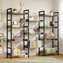 Rolanstar Bookshelf 4 Tiers with 4 Hooks, Triple Bookcase with Open Display Shelves, Industrial Wide Bookshelf with Metal Frame for Living Room, Office, Grey