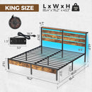 Rolanstar Bed Frame King Size with USB Charging Station, LED Bed Frame with Wood Storage Headboard, Rustic Brown Metal Platform Bed with Under Bed Storage, No Box Spring Needed, Noise Free