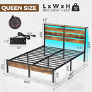 Rolanstar Bed Frame Queen Size with USB Charging Station, LED Bed Frame with Wood Storage Headboard, Rustic Brown Metal Platform Bed with Under Bed Storage, No Box Spring Needed, Noise Free