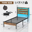 Rolanstar Bed Frame Twin Size with USB Charging Station, LED Bed Frame with Wood Storage Headboard, Rustic Brown Metal Platform Bed with Under Bed Storage, No Box Spring Needed, Noise Free