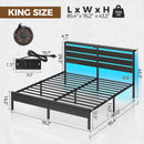 Rolanstar Bed Frame King Size with USB Charging Station, LED Bed Frame with Wood Storage Headboard, Black Metal Platform Bed with Under Bed Storage, No Box Spring Needed, Noise Free