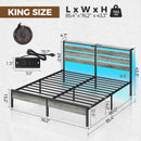 Rolanstar Bed Frame King Size with USB Charging Station, LED Bed Frame with Wood Storage Headboard, Light Grey Metal Platform Bed with Under Bed Storage, No Box Spring Needed, Noise Free