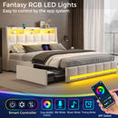 Rolanstar Queen Size Bed Frame with LED Lights and Charging Station, Upholstered Bed Storage Headboard & Drawers, Heavy Duty Wood Slats, Easy Assembly, White