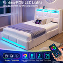 Rolanstar Twin Size Bed Frame with LED Lights and Charging Station, Upholstered Bed Storage Headboard & Drawers, Heavy Duty Wood Slats, Easy Assembly, White