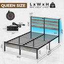 Rolanstar Bed Frame Queen Size with USB Charging Station, LED Bed Frame with Wood Storage Headboard, Light Grey Metal Platform Bed with Under Bed Storage, No Box Spring Needed, Noise Free