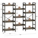 Rolanstar Bookshelf 4 Tiers with 4 Hooks, Triple Bookcase with Open Display Shelves, Industrial Wide Bookshelf with Metal Frame for Living Room, Office, Grey