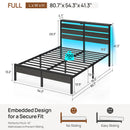 Rolanstar Full Size Bed Frame with LED Lights and Charging Station, Wood Storage Headboard and Under Bed Storage, Metal Platform, Noise Free, No Box Spring Needed, Balck Oak