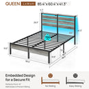 Rolanstar Queen Bed Frame with LED Lights and Charging Station, Wood Storage Headboard and Under Bed Storage, Metal Platform, Noise Free, No Box Spring Needed, Grey
