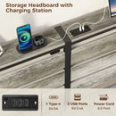 Rolanstar Bed Frame King Size with USB Charging Station, LED Bed Frame with Wood Storage Headboard, Light Grey Metal Platform Bed with Under Bed Storage, No Box Spring Needed, Noise Free