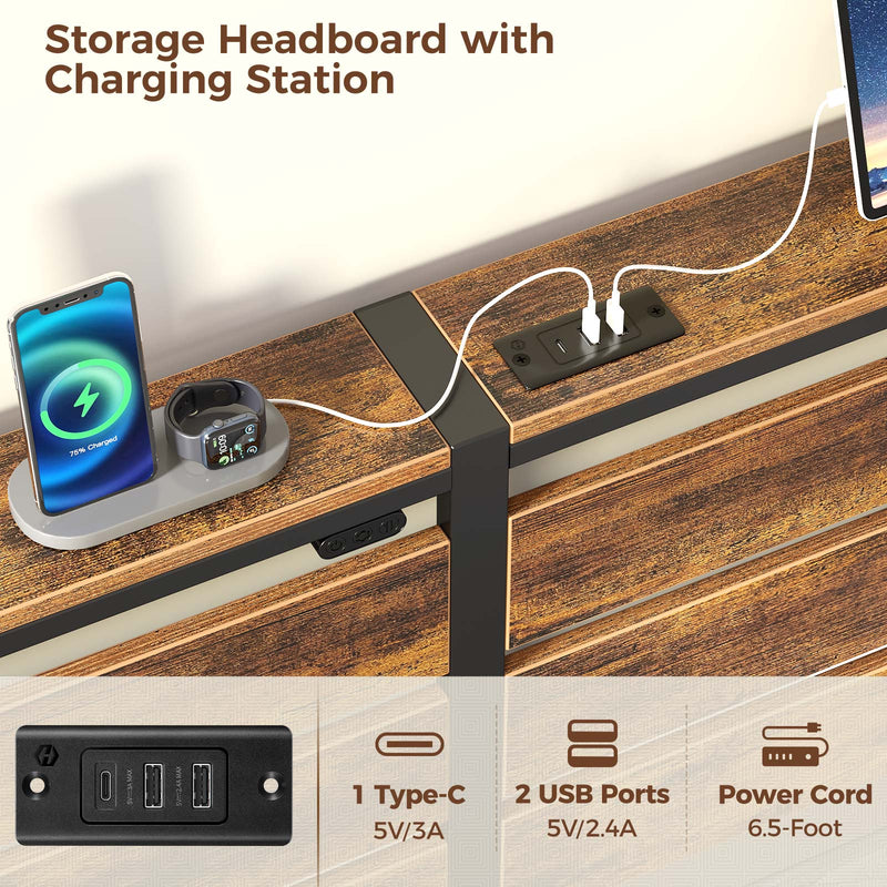 Rolanstar Bed Frame King Size with USB Charging Station, LED Bed Frame with Wood Storage Headboard, Rustic Brown Metal Platform Bed with Under Bed Storage, No Box Spring Needed, Noise Free