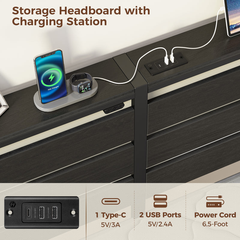 Rolanstar Bed Frame Queen Size with USB Charging Station, LED Bed Frame with Wood Storage Headboard, Black Metal Platform Bed with Under Bed Storage, No Box Spring Needed, Noise Free