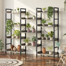 Rolanstar Bookshelf 4 Tiers with 4 Hooks, Triple Bookcase with Open Display Shelves, Industrial Wide Bookshelf with Metal Frame for Living Room, Office, Grey
