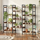 Rolanstar Bookshelf 4 Tiers with 4 Hooks, Triple Bookcase with Open Display Shelves, Industrial Wide Bookshelf with Metal Frame for Living Room, Office, Rustic Brown