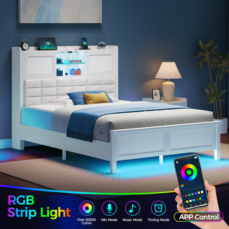 Rolanstar Bed Frame  with Charging Station, Bookcase Headboard Bed with LED Light and Sliding Doors, Platform Bed with Wooden Slats, No Box Spring Needed, Noise Free