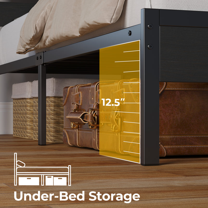 Rolanstar Bed Frame Full Size with USB Charging Station, LED Bed Frame with Wood Storage Headboard, Black Metal Platform Bed with Under Bed Storage, No Box Spring Needed, Noise Free