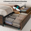 Rolanstar Queen Bed Frame with 4 Storage Drawers, Charging Station and LED Lights, Metal Platform Bed with 2-Tier Storage Headboard, No Box Spring Needed, Easy Assembly, Noise-Free, Walnut