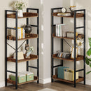 Rolanstar Bookshelf 4 Tiers with 4 Hooks, Triple Bookcase with Open Display Shelves, Industrial Wide Bookshelf with Metal Frame for Living Room, Office, Rustic Brown