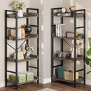 Rolanstar Bookshelf 4 Tiers with 4 Hooks, Triple Bookcase with Open Display Shelves, Industrial Wide Bookshelf with Metal Frame for Living Room, Office, Grey
