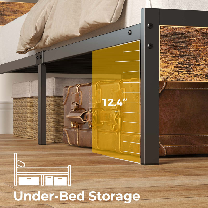 Rolanstar Bed Frame Full Size with USB Charging Station, LED Bed Frame with Wood Storage Headboard, Rustic Brown Metal Platform Bed with Under Bed Storage, No Box Spring Needed, Noise Free