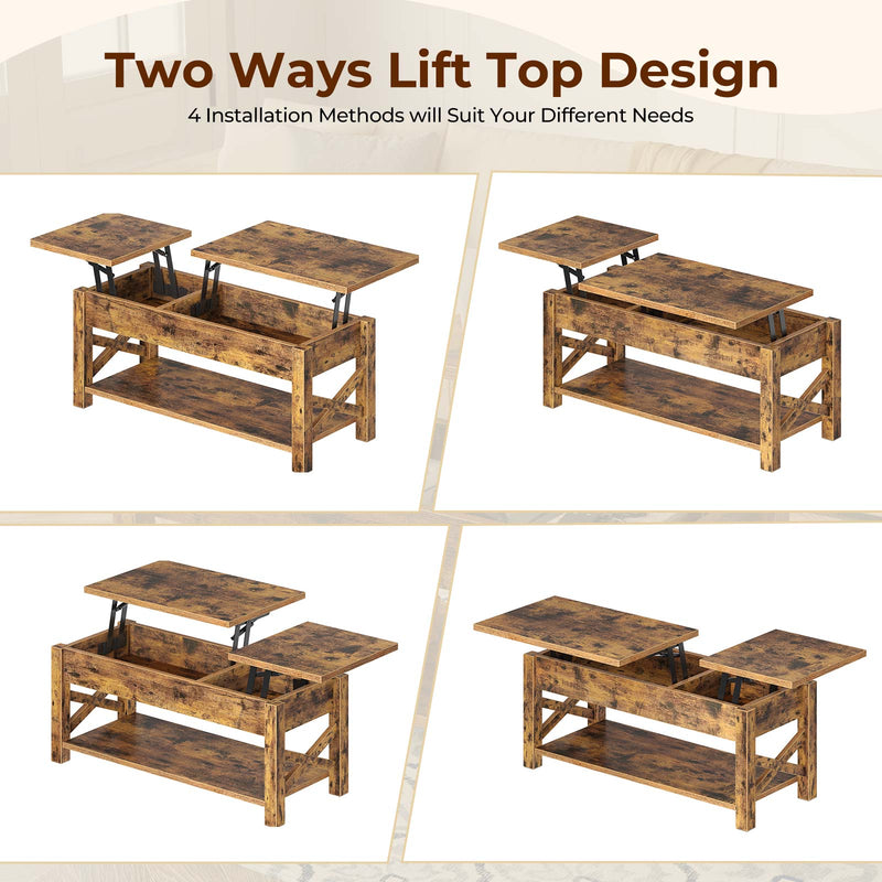 Rolanstar Coffee Table 47.2", 2 Way Lift Top Coffee Table with Hidden Compartment, Lift Top Coffee Table with Open Shelf & X Wooden Support, Farmhouse Center Table for Living Room, Rustic Brown