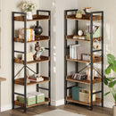 Rolanstar Bookshelf 5 Tiers with 4 Hooks, Triple Bookcase with Open Display Shelves, Industrial Wide Bookshelf with Metal Frame for Living Room, Office, Rustic Brown